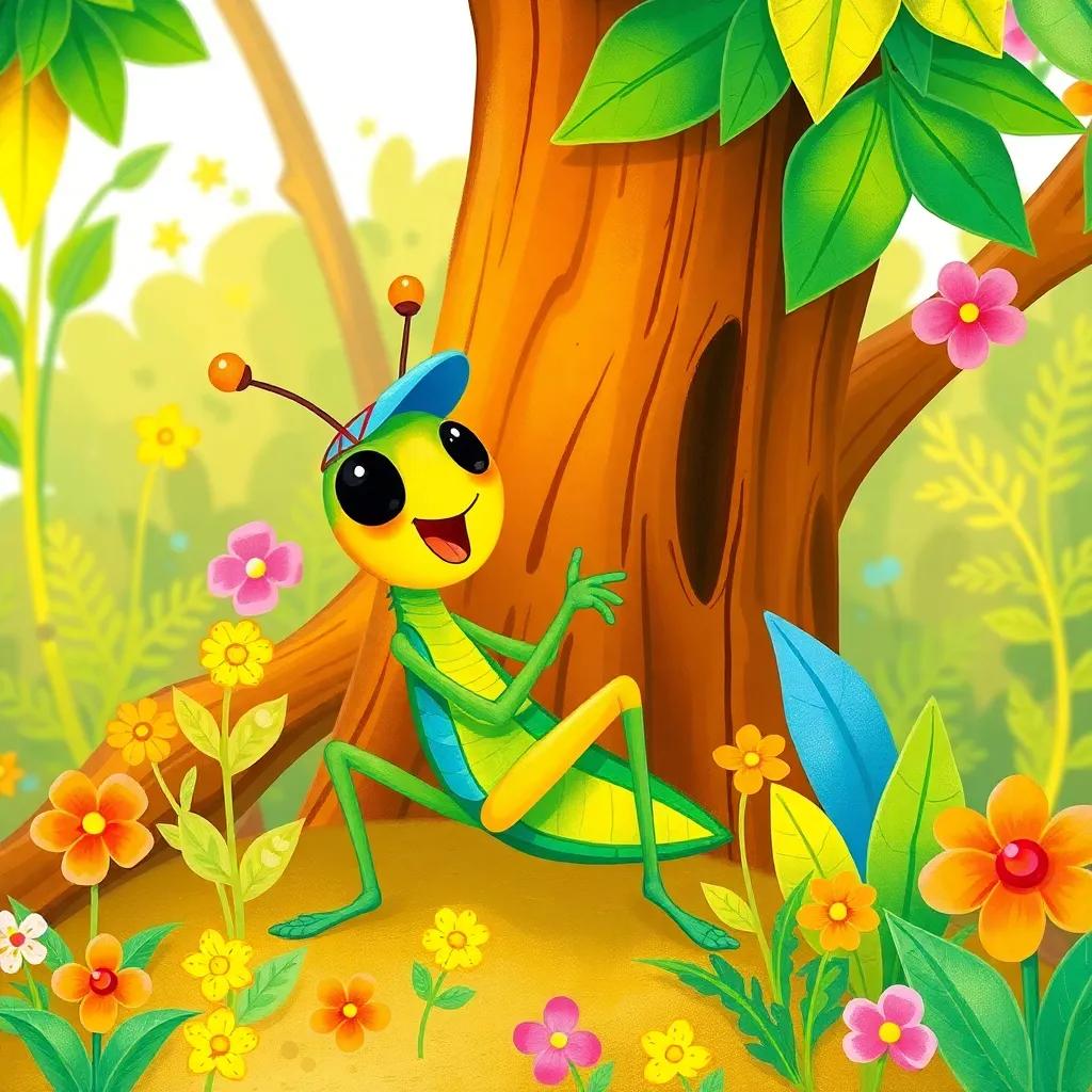 A cheerful grasshopper, colorful and wearing a tiny blue cap, singing and playing nearby a tree, surrounded by vibrant plants and flowers, whimsical style, colorful, warm light, child-friendly illustration