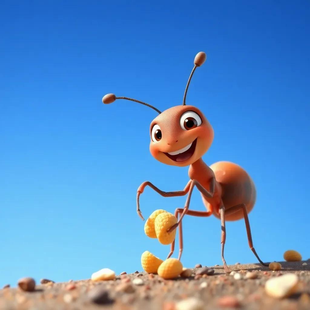A small ant, working hard, with tiny legs and bright eyes, gathering food happily with a big smile under a clear blue sky, joyful atmosphere, digital art, vibrant, detailed
