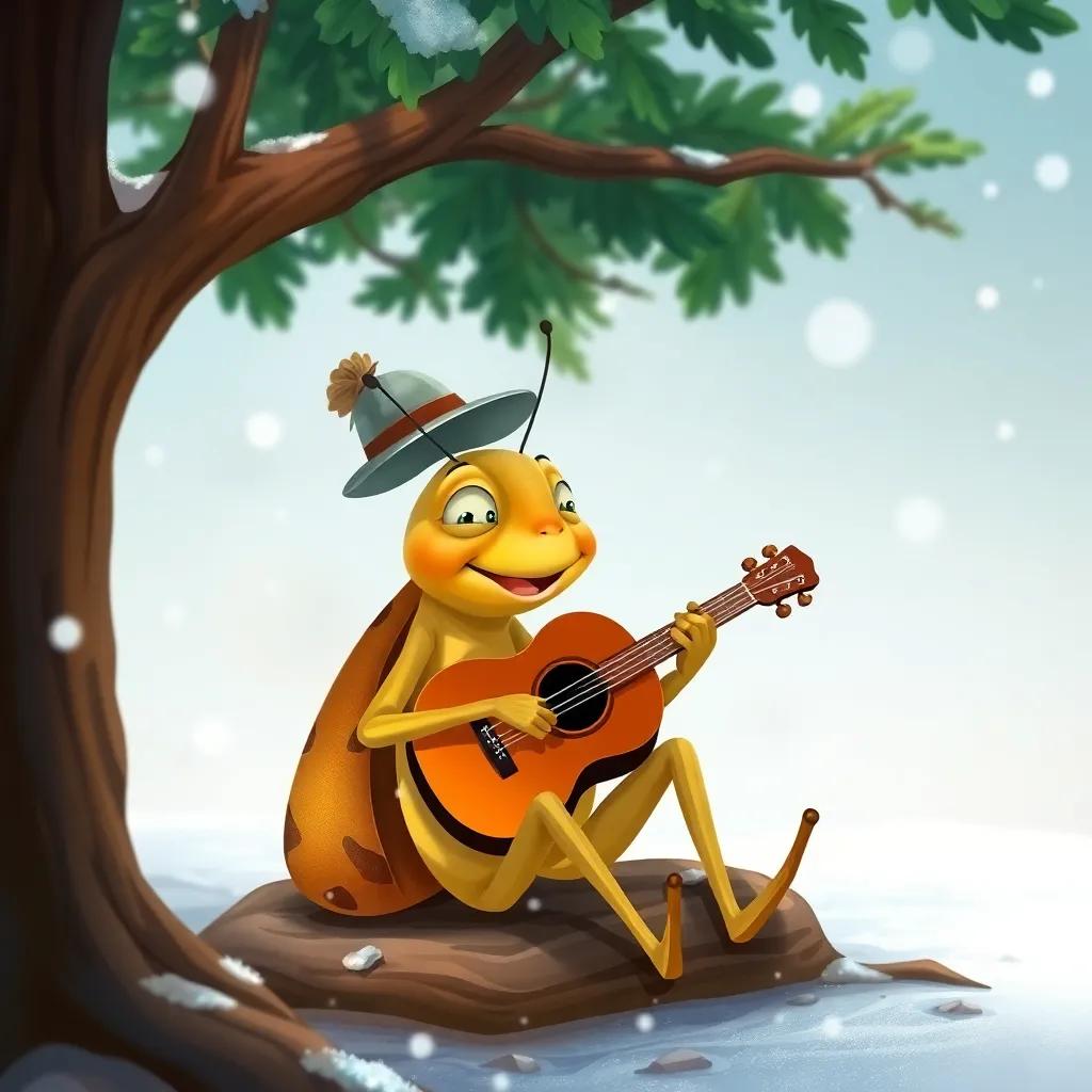A relaxed cricket, sitting in the shade of a big tree, playing beautiful tunes with a little hat, carefree and happy, with snow falling around him, illustration, warm colors, winter scene