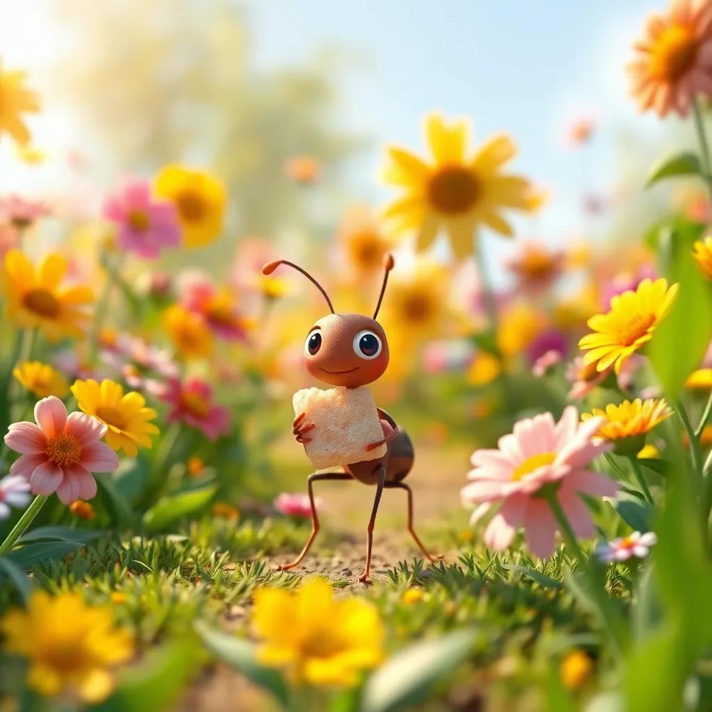 A small ant walking in a vibrant garden filled with colorful flowers, holding a big piece of sugar, bright sunlight filtering through the leaves, cheerful digital art, warm colors, inviting atmosphere, high quality