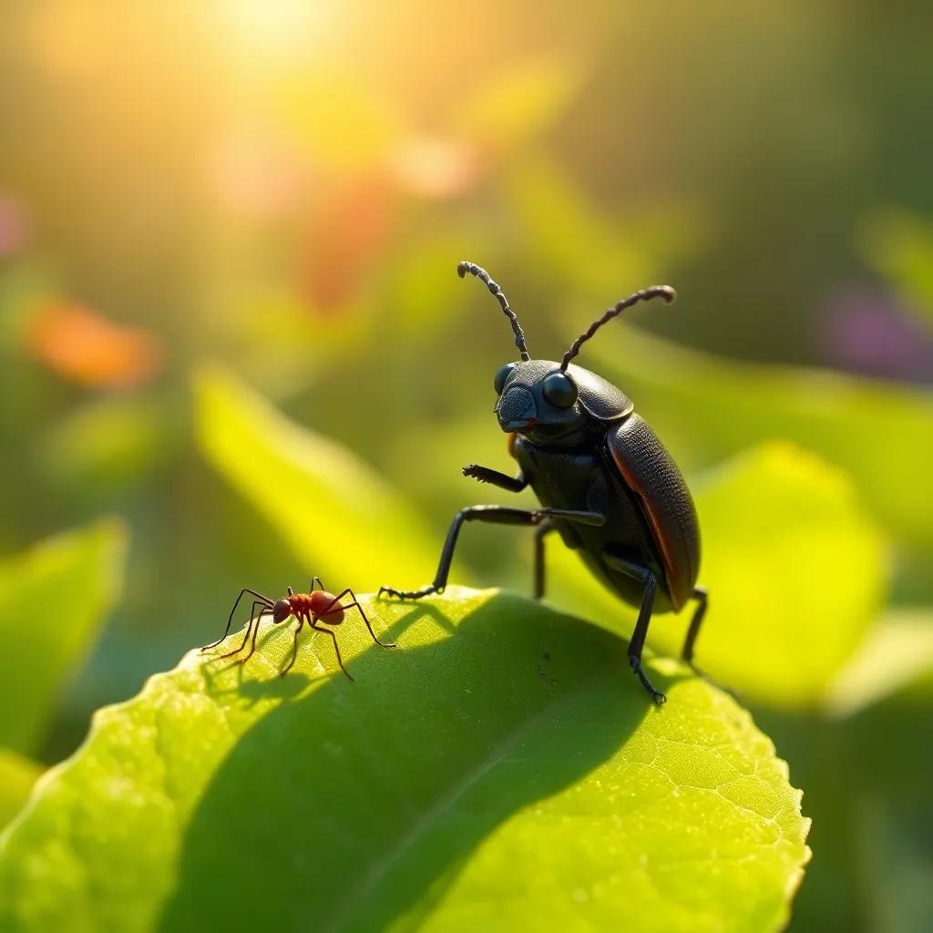 A beetle observing the ant, standing on a green leaf with an interested expression, sunny garden background, digital painting, natural light, detailed, friendly scene, high quality
