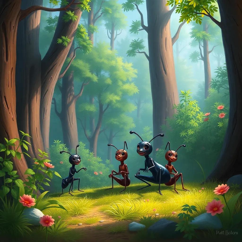 A small ant, Noura, with a shiny body, sitting with her friends in a lush forest surrounded by tall trees, digital art, colorful, cheerful atmosphere, vibrant and inviting