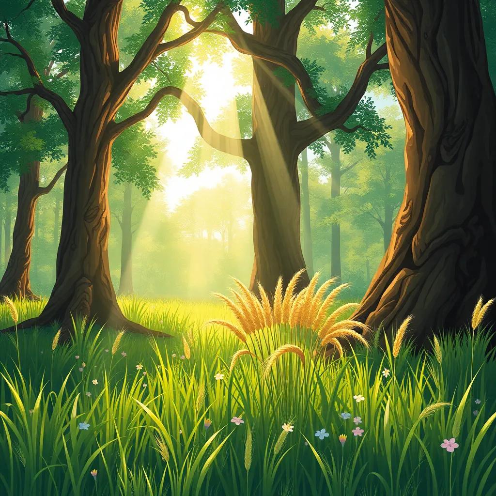 A shiny straw under a large tree in the forest with sunlight streaming down on it, surrounded by green grass and small flowers, illustration, bright and lively colors, nature
