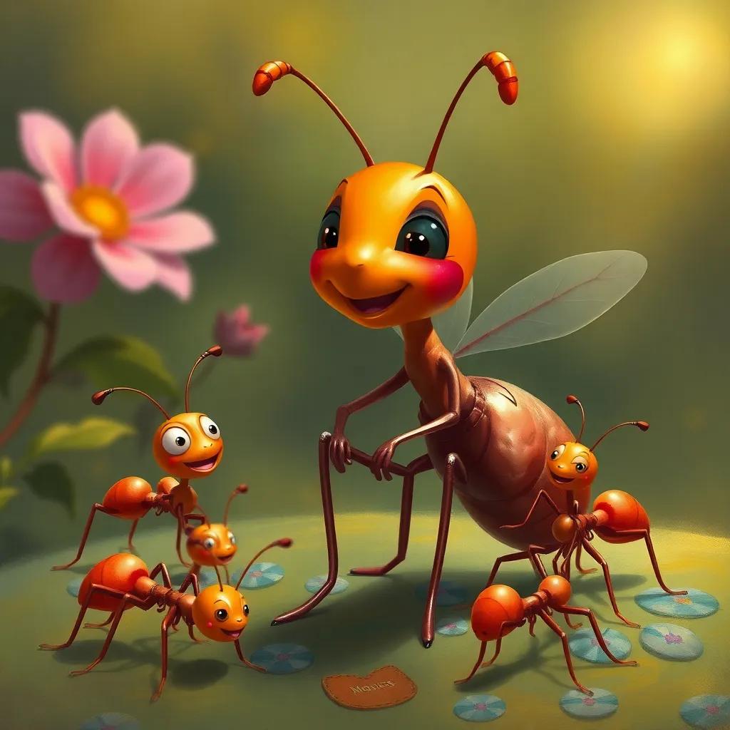 Noura the ant, with her shiny body, happily sharing her discovery with her colorful ant friends, animated style, joyful expressions, warm light