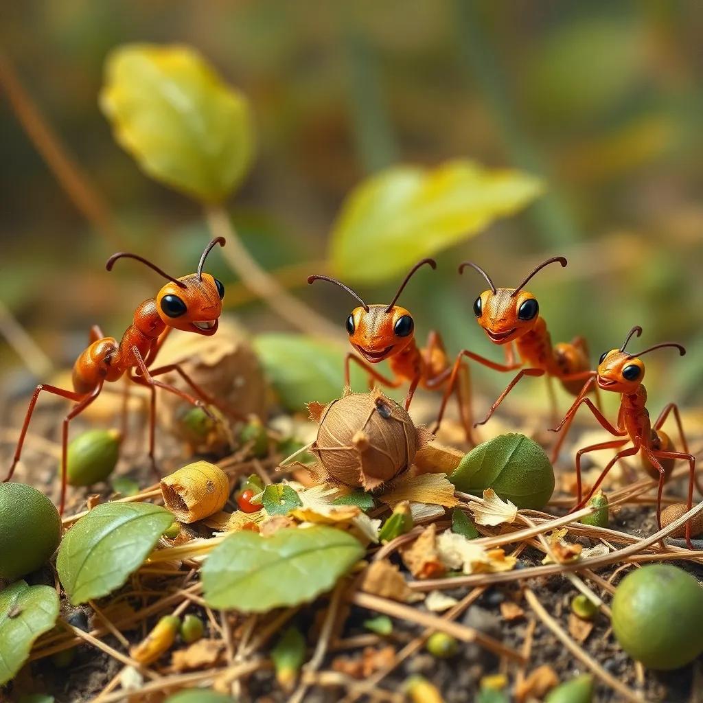 Ants working together, gathering small leaves and pieces of straw, each with smiles, creating their unique toys, cheerful vibe, bright colors, community
