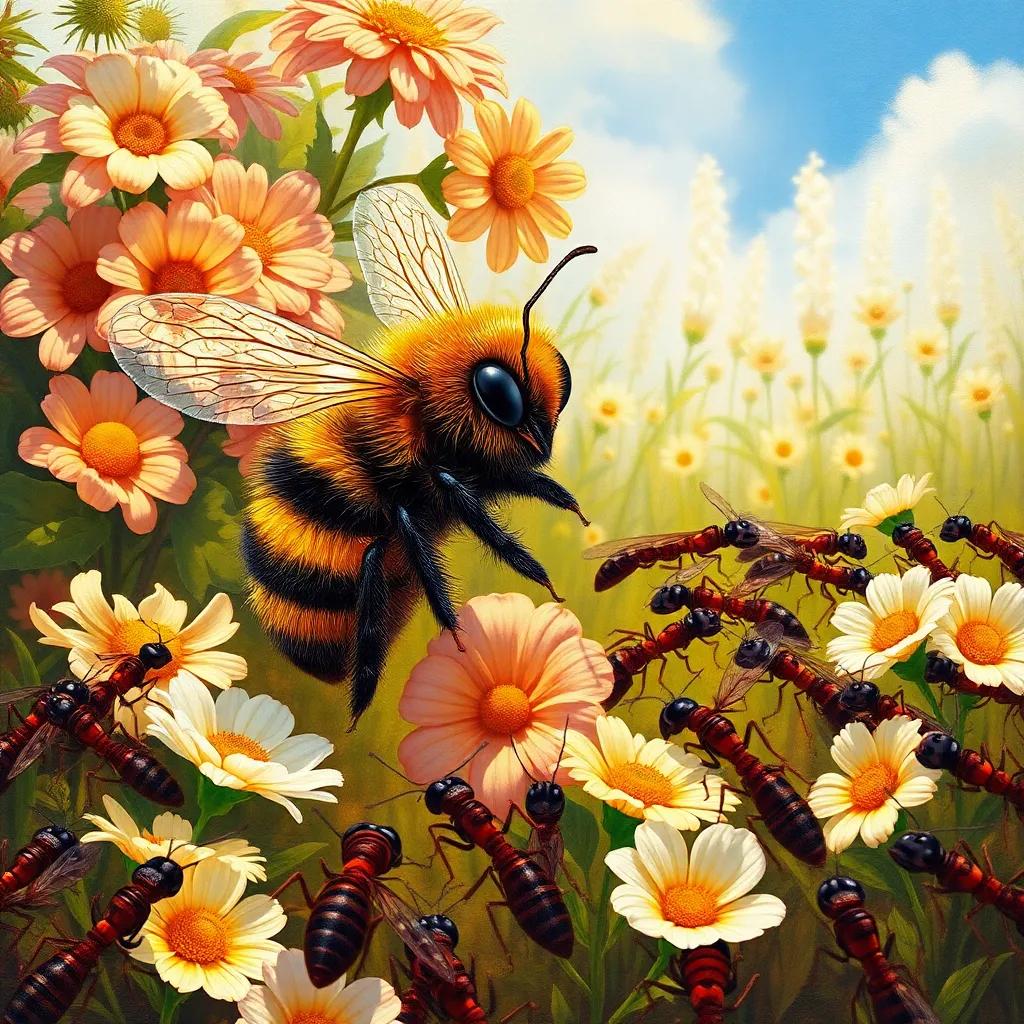 A bee with colorful stripes arriving at the gathering of ants, speaking to them cheerfully, surrounded by flowers, bright sunny day, friendly atmosphere