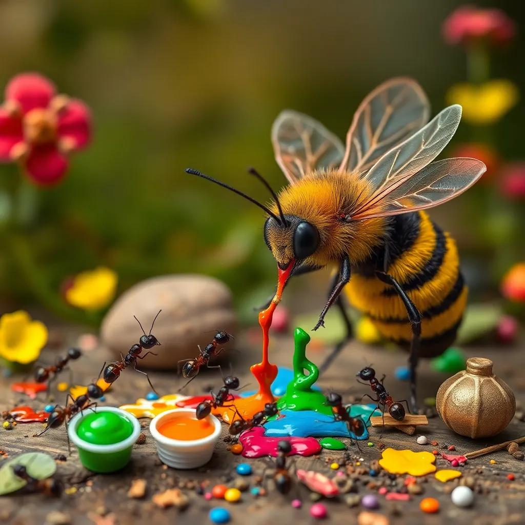 The bee showing the ants colorful paint, helping them decorate their toys, lively scene, joyful colors, teamwork