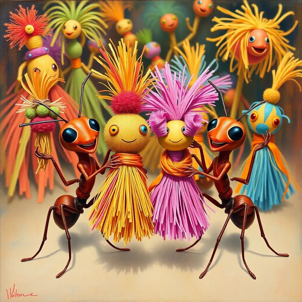 Ants proudly holding their decorated straw toys, full of bright colors and imaginative designs, smiling and excited, colorful scene