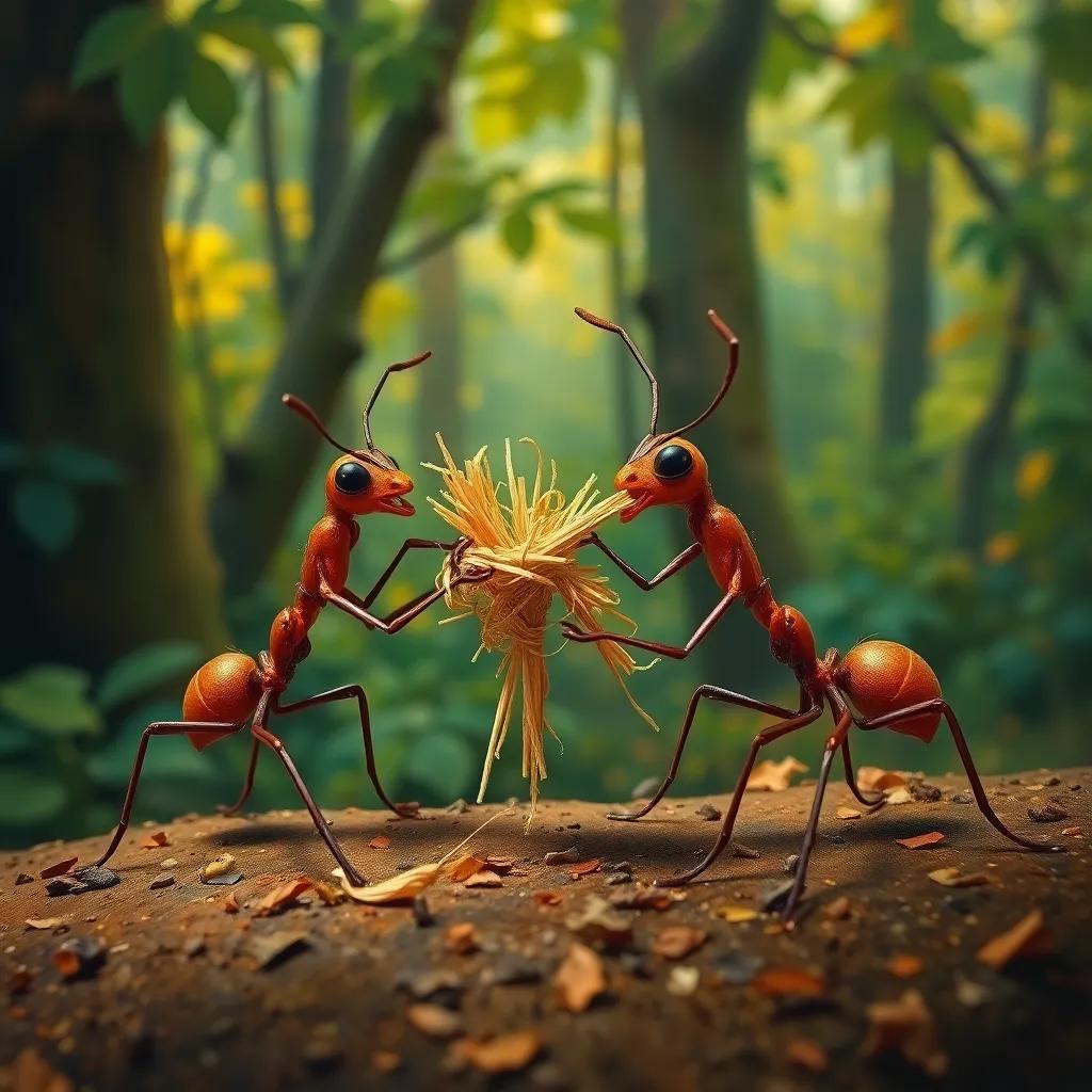 Ants playfully fighting with their straw toys in a lively mock battle, laughter in the air, vibrant forest background, energetic atmosphere