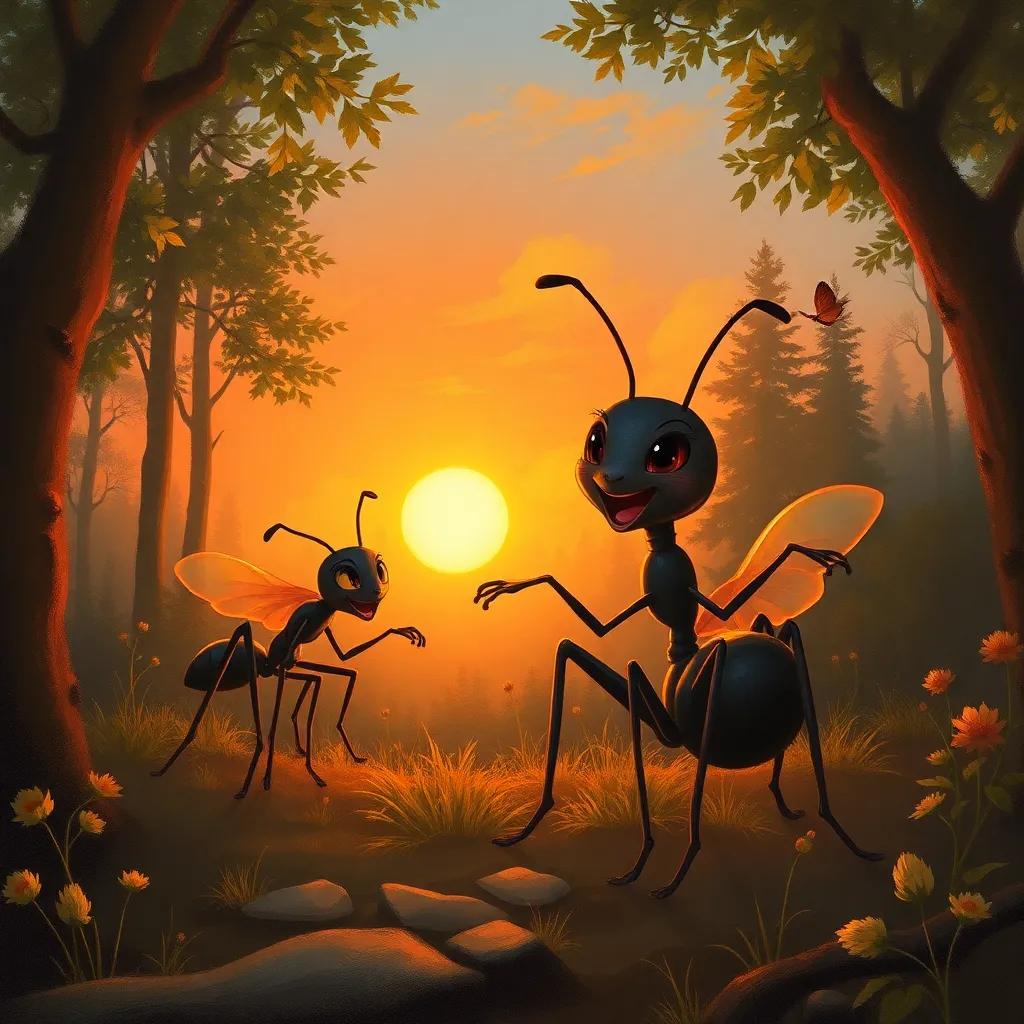 Noura the ant looking very happy as she plays in the forest at sunset, her friends around her, warm colors, joyful and peaceful feeling