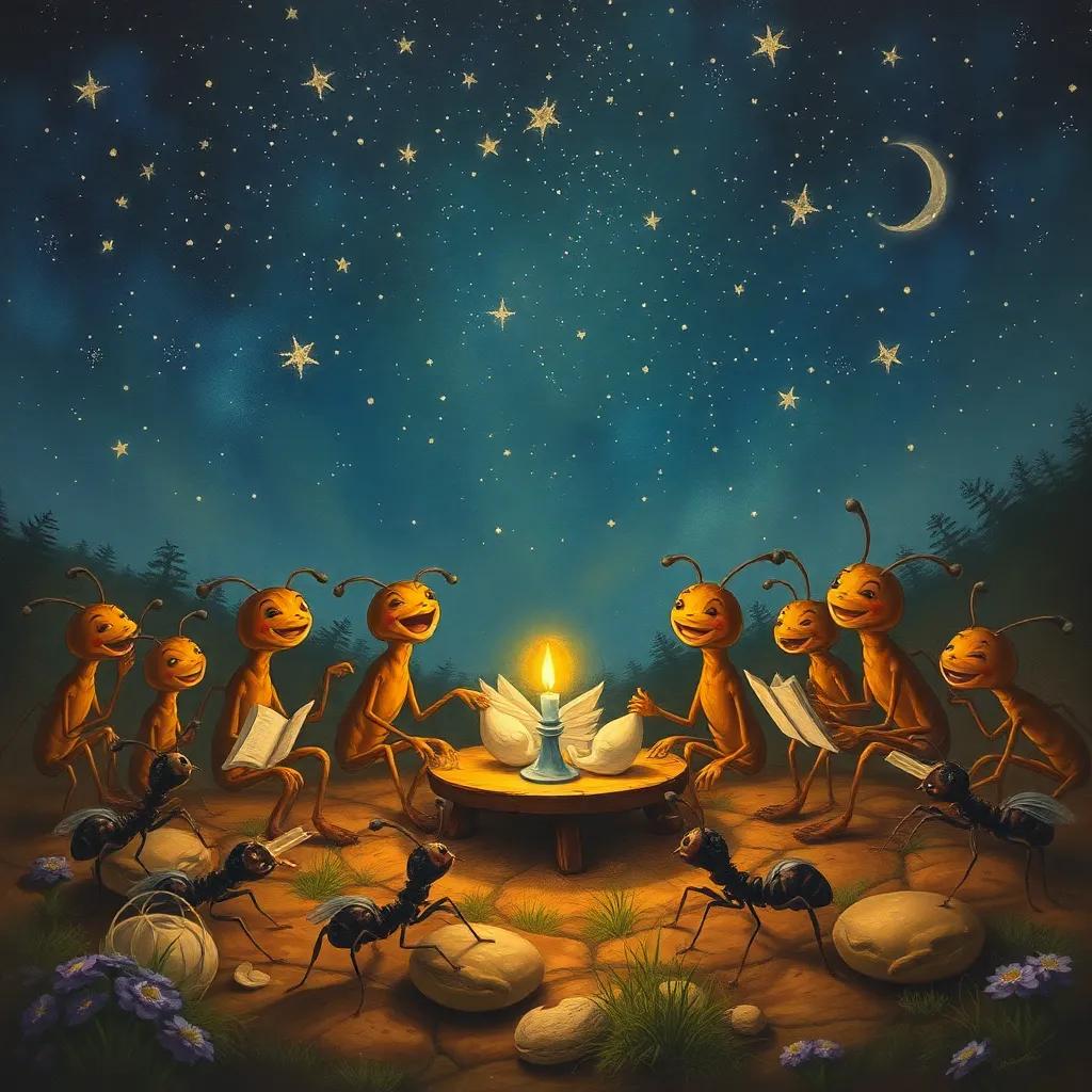 A gathering of ants celebrating their day, sharing stories and laughter under the twinkling stars in the night sky, enchanting view, peaceful atmosphere