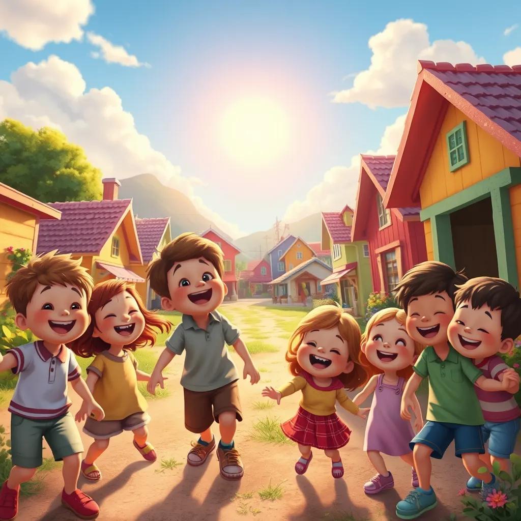 A joyful scene in a small village filled with happy children playing and laughing, under a bright sunny sky, colorful houses in the background, digital art, cheerful atmosphere, vibrant colors, warm light, high quality