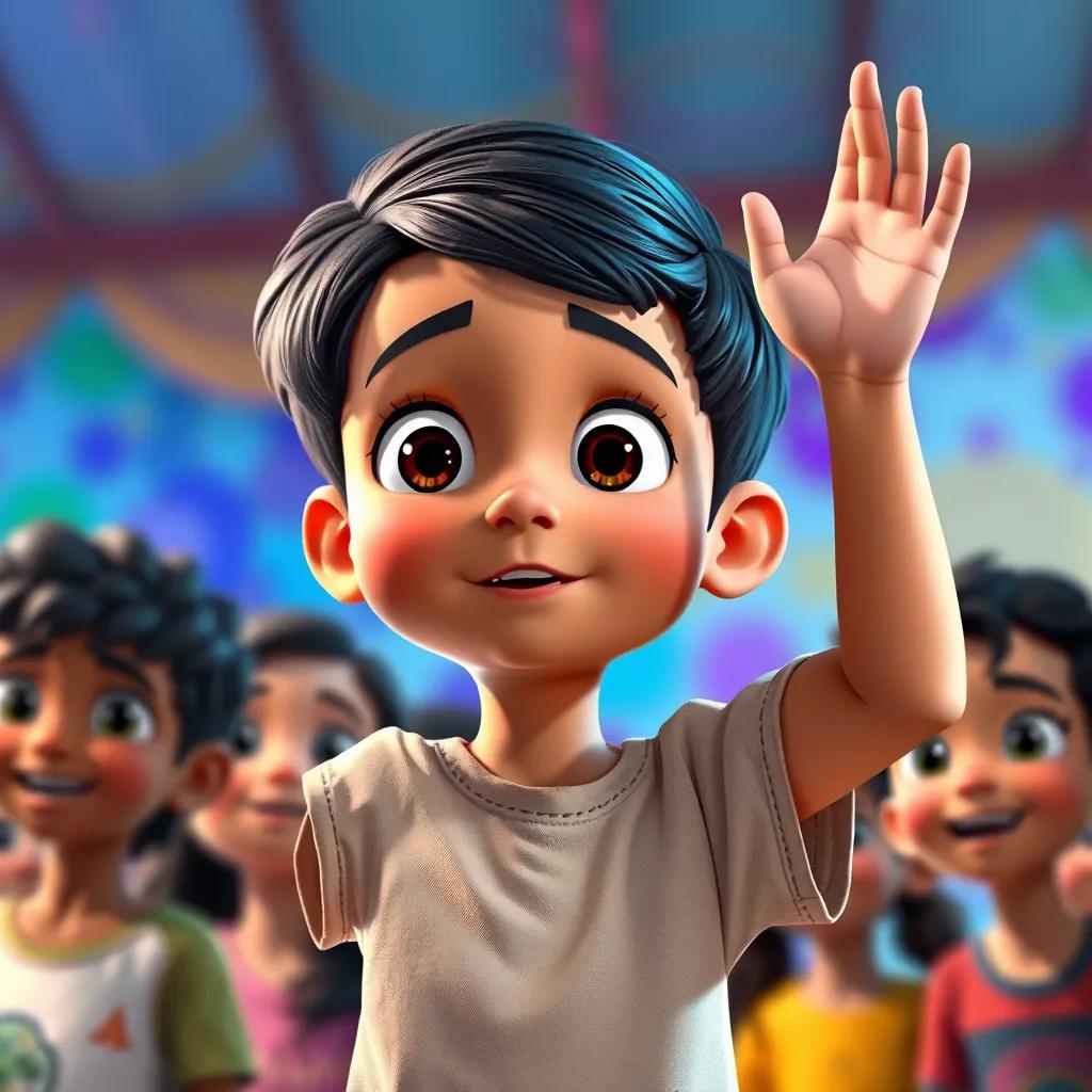 A curious child, a young Arab boy, with short black hair and wearing a simple t-shirt, raising his hand to ask a question, wide-eyed with excitement, surrounded by friends, colorful background, lively expression, high quality