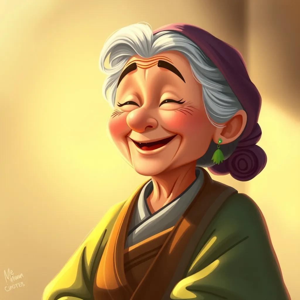 A warm illustration of the grandmother smiling and narrating, with a soft glow around her, emphasizing her wise and kind nature, traditional clothing, digital painting, heartwarming, high quality