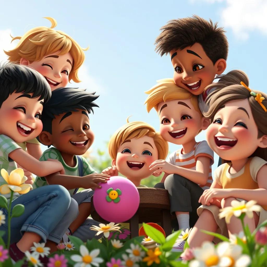 A group of happy children, various descents, playing together, sharing toys, surrounded by flowers, all smiling and laughing, a bright sunny day, conveying the light of kindness, joyful, high quality