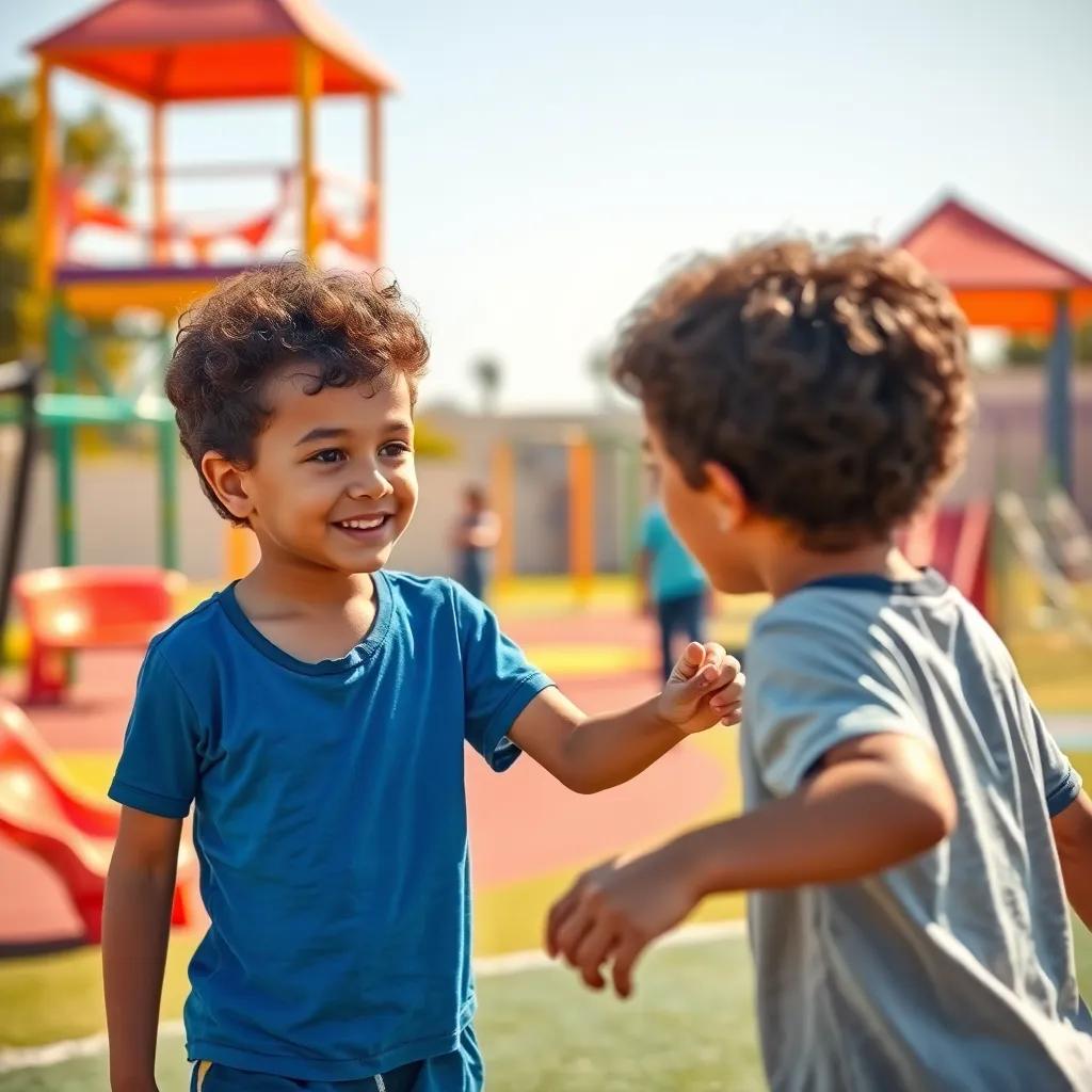 Sami, a young Arab boy, with curly brown hair, wearing a blue shirt and shorts, inviting Rami to play football with him, colorful playground in the background, bright sunlight, warm colors, friendly scene, high quality