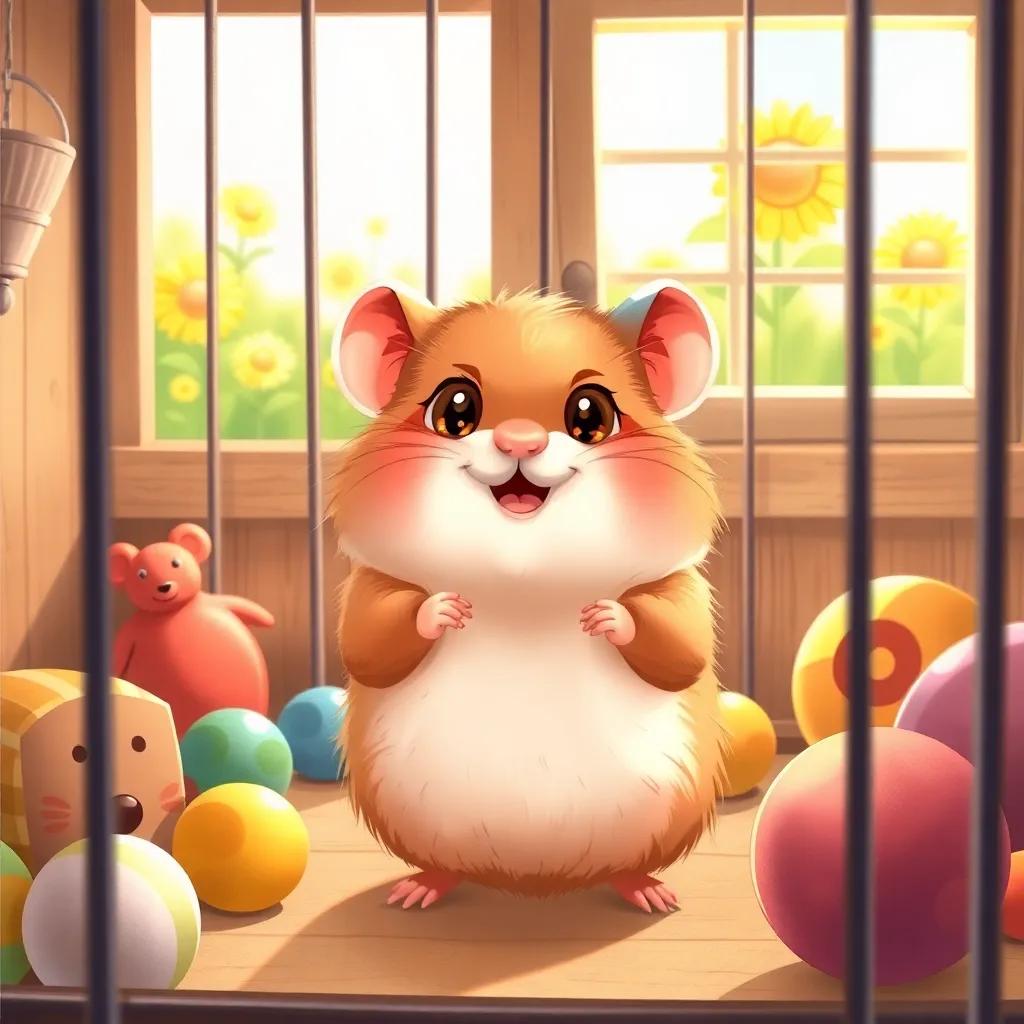 A cute hamster named Bibo with fluffy fur and bright eyes, standing excitedly at the front of his cage, surrounded by colorful toys and a window showing a sunny garden outside, digital art, cheerful atmosphere, bright colors, inviting scene, detailed