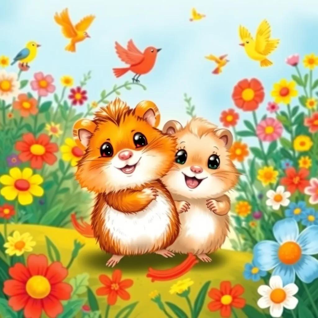 Bibo the hamster, with fluffy fur and bright eyes, exploring a vibrant garden filled with colorful flowers and singing birds, Soso the other hamster beside him with her light brown fur, lively and cheerful, illustration, adventure-themed, vivid colors, joyful