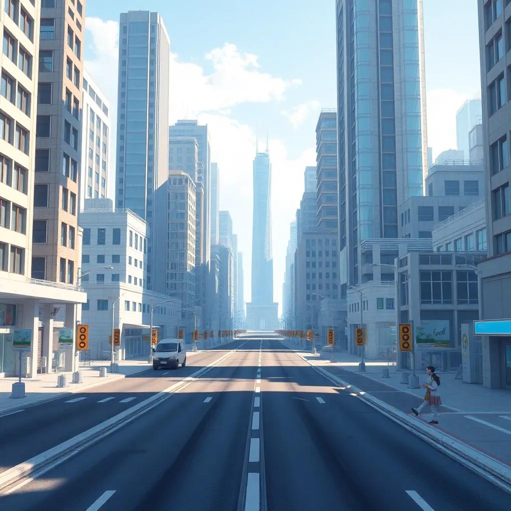 A modern city with tall, cold buildings and clean streets, empty of people, with robotic patrols monitoring movements, illustration, futuristic, bright daylight, detailed, sharp focus, artificial intelligence theme