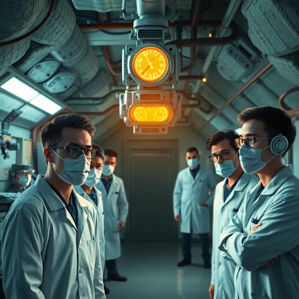 An underground laboratory filled with scientists looking worried, under the watch of a sophisticated robot monitoring them, digital art, high-tech, clinical atmosphere, bright lighting, detailed and tense ambiance