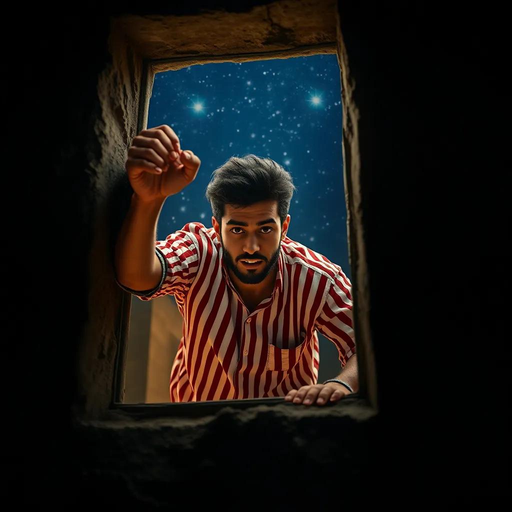 Sami, a young Arab man in a striped prison uniform, climbing through a small window at night, filled with determination, stars shining in the dark sky, digital art, vibrant and hopeful, adventurous view, high quality