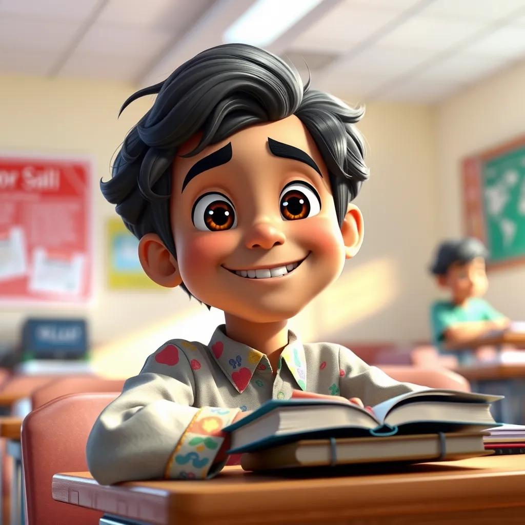 A cheerful Arab boy, Sami, with dark hair, wearing a colorful shirt, sitting at a school desk with books and a notebook, bright classroom, warm light, vibrant colors, inviting atmosphere, high quality