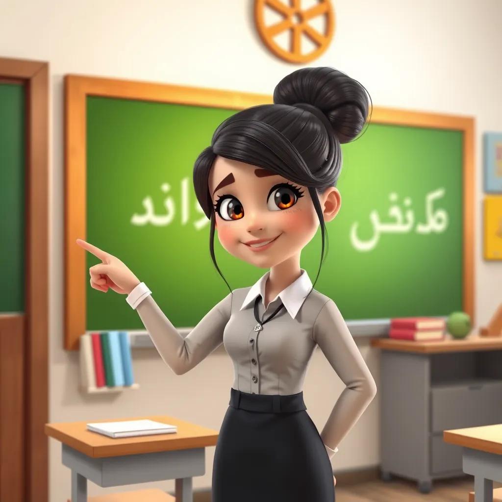 A young Arab girl, Sami's teacher, with long hair in a bun, wearing a professional dress, pointing at a chalkboard with the word 'مؤيّد' written on it, classroom scene, bright and educational, colorful, cheerful environment