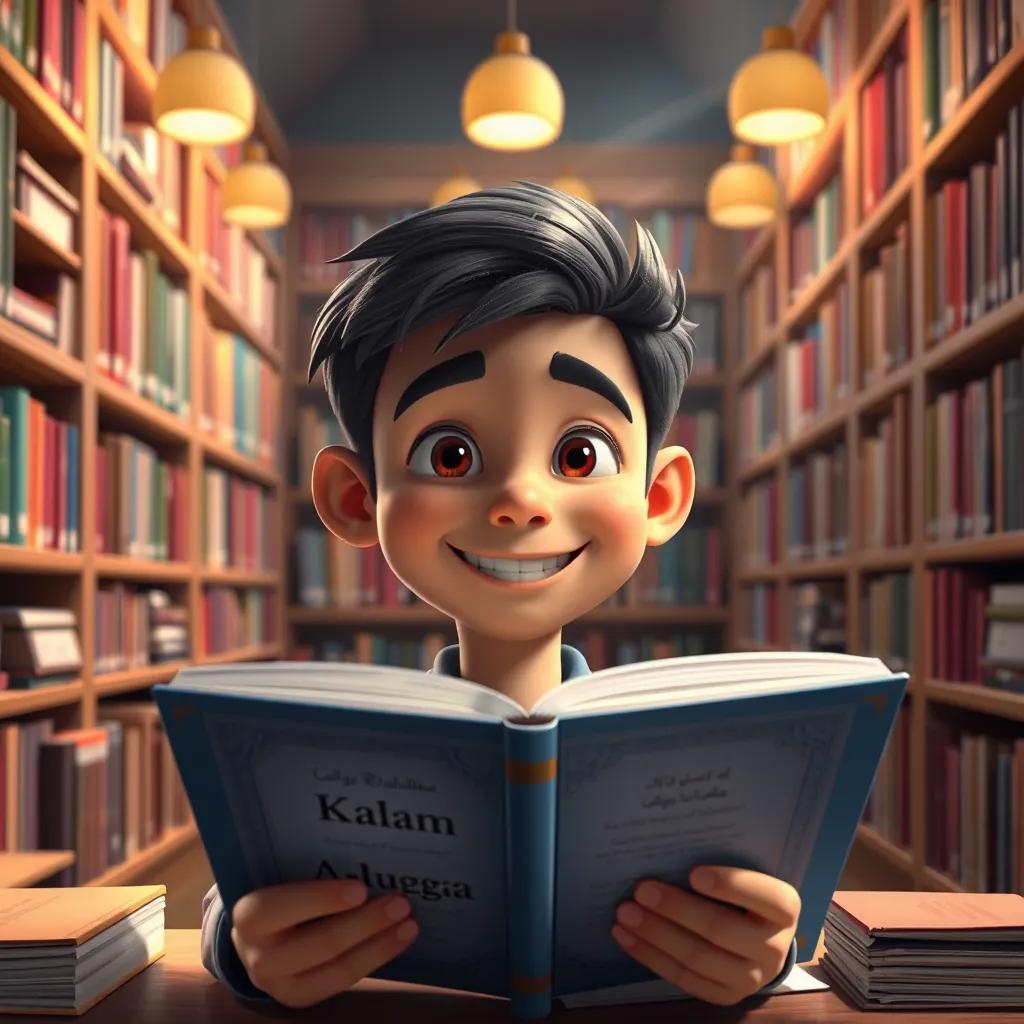 Sami in a library, surrounded by books, looking at a book titled 'Kalam Al-Lugha', a big smile on his face with shelves of books behind him, bright lighting, inspiring atmosphere, child-friendly