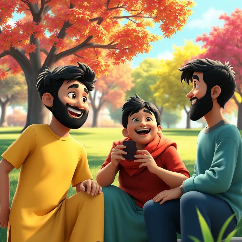 Sami and his friends, laughing together, sharing words with a medium hamza in the park, colorful trees and a sunny sky, joyful moment, friendship theme, imagery