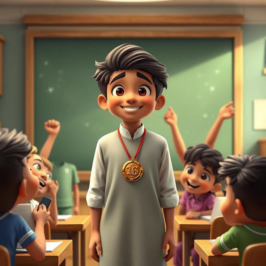 Sami standing in front of the blackboard with a shiny medal around his neck, surrounded by his friends in a classroom celebrating their learning, warm colors, joyful atmosphere, high-quality