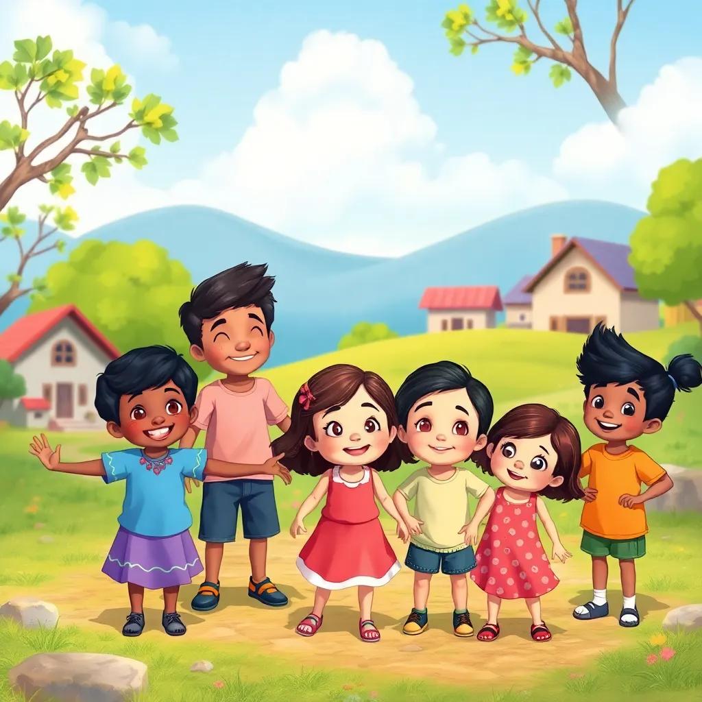 A peaceful landscape with children of different ethnicities playing together, showcasing a diverse community, vibrant colors, joyful atmosphere, high-quality, digital art
