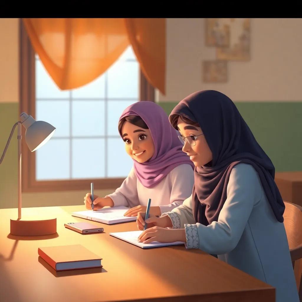 An Omani mother, gently smiling, helping her daughters, Al-Kawthar and Abarar, write their school assignments at the same desk with light streaming in from the window, caring and warm atmosphere, digital art, soft colors, engaging and uplifting