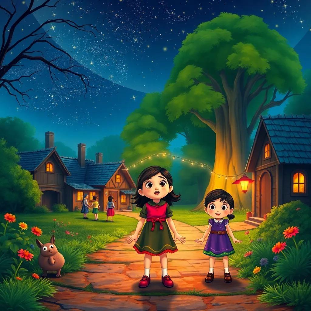 A quiet village at night with stars twinkling, children whispering about the masked monster; a little girl, Layla, bravely standing in front of the forest, excited expression, colorful vibrant artwork, warm colors, magical atmosphere, high quality