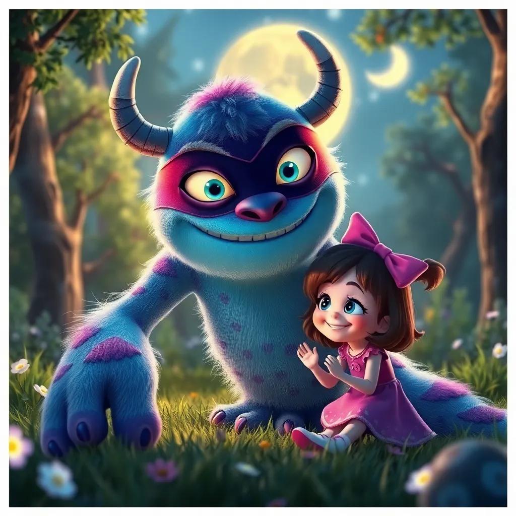 A friendly masked monster with bright eyes, smiling at Layla, they are playing in a moonlit glade surrounded by trees; the atmosphere is joyful and inviting, digital art, bright colors, friendly, heartwarming, high quality