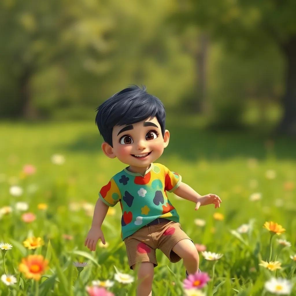 A young Arab boy, Ahmad, with short black hair, wearing a colorful shirt and shorts, playing in a green field with flowers around him, cheerful atmosphere, bright sunshine, vibrant colors