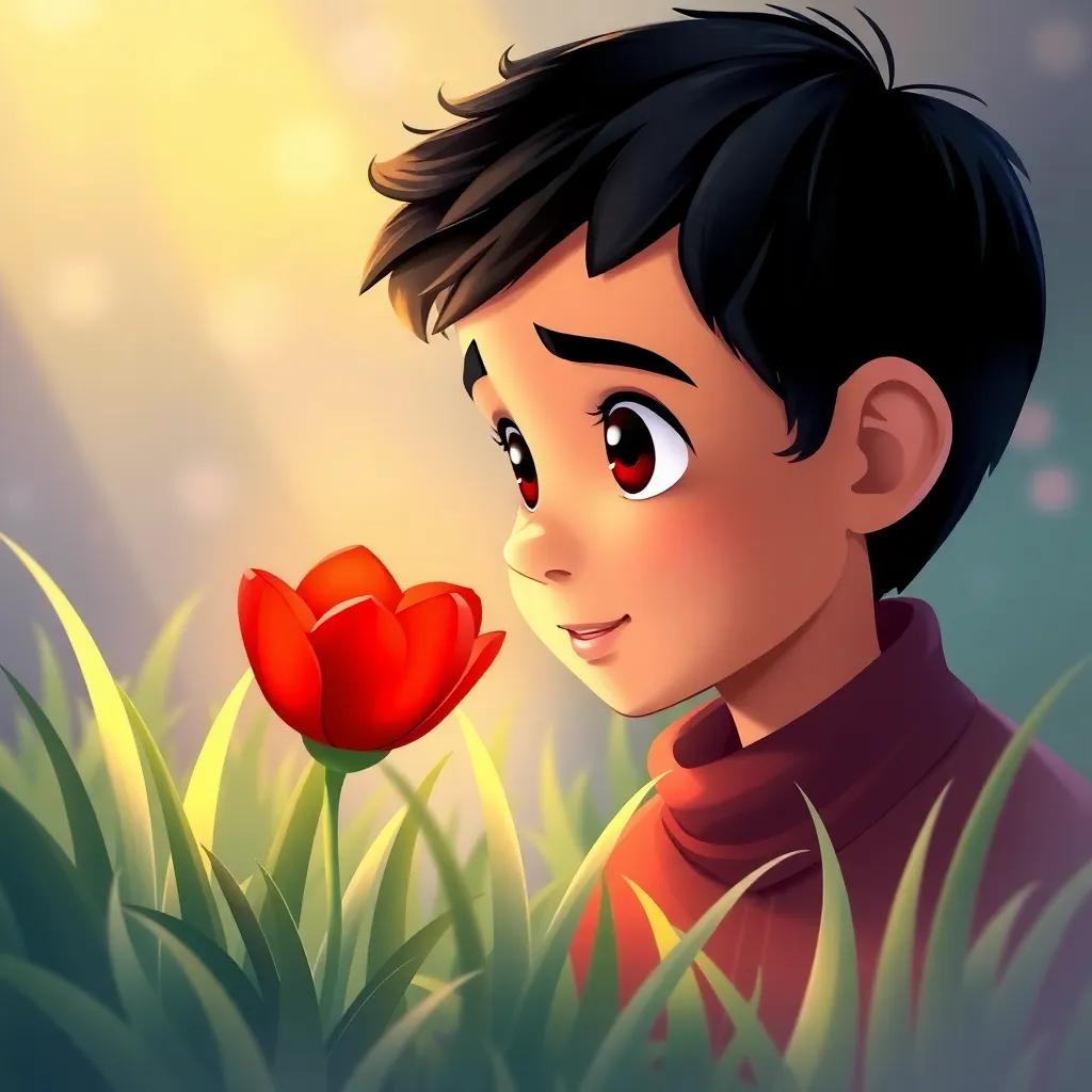 Ahmad, a young Arab boy, with short black hair, looking at a beautiful red flower growing among green grass, his eyes wide with admiration, magical scene, colorful illustration, nature-inspired