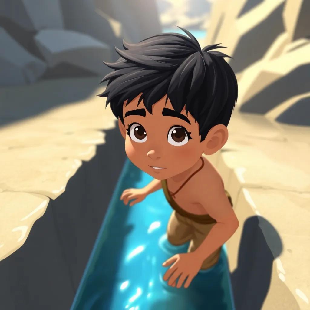 Ahmad, a young Arab boy, with short black hair, carefully crossing a small narrow river, focused expression, bright blue water reflecting sunlight, adventure mood, colorful illustration