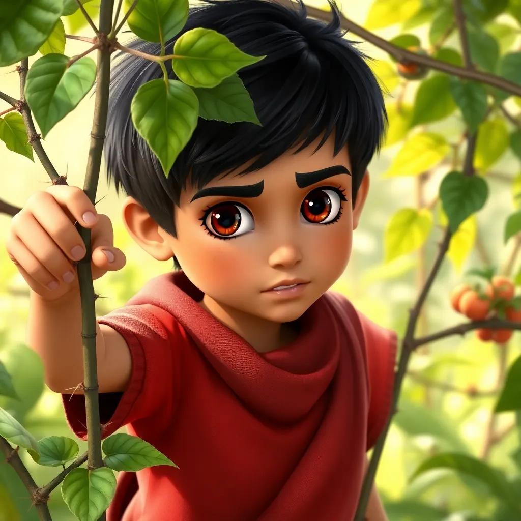 Ahmad, a young Arab boy, with short black hair, avoiding sharp thorns from climbing plants, determined expression, lush greenery around, vibrant colors