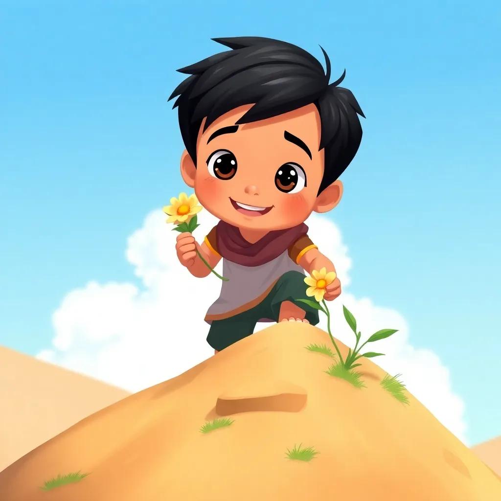Ahmad, a young Arab boy, with short black hair, climbing a small hill, holding his precious flower tightly, sunny day, cheerful atmosphere, adventure-themed illustration