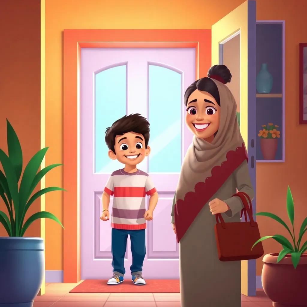 A warm scene of Ahmad arriving home, with his mother waiting at the door with a welcoming smile, bright colors, homey environment, feeling of warmth