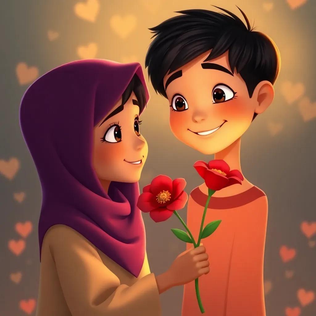 Ahmad, a young Arab boy, with short black hair, presenting the red flower to his mother with a proud smile, glowing background, feeling of love and warmth