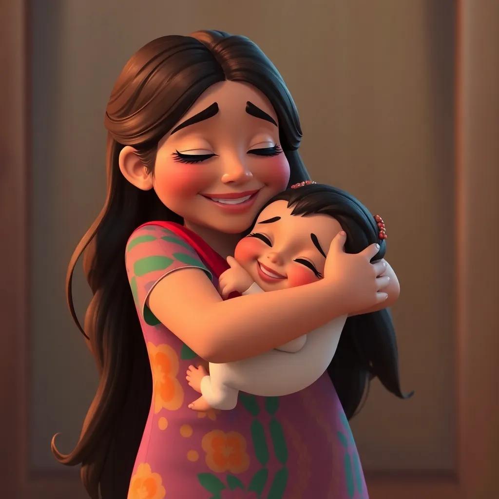 Ahmad's mother, with long hair in a colorful dress, embracing him tightly, tears of joy in her eyes, heartfelt moment, warm colors