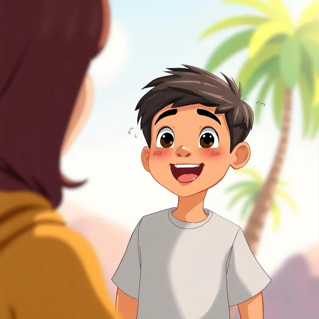 Ahmad, a young Arab boy, with short black hair, excitedly talking about his adventure to his mother, animation-style illustration, joyful atmosphere
