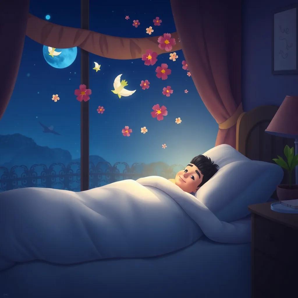 A peaceful night scene with Ahmad in bed, dreaming of flowers and adventures, warm night light, soft colors, comforting atmosphere
