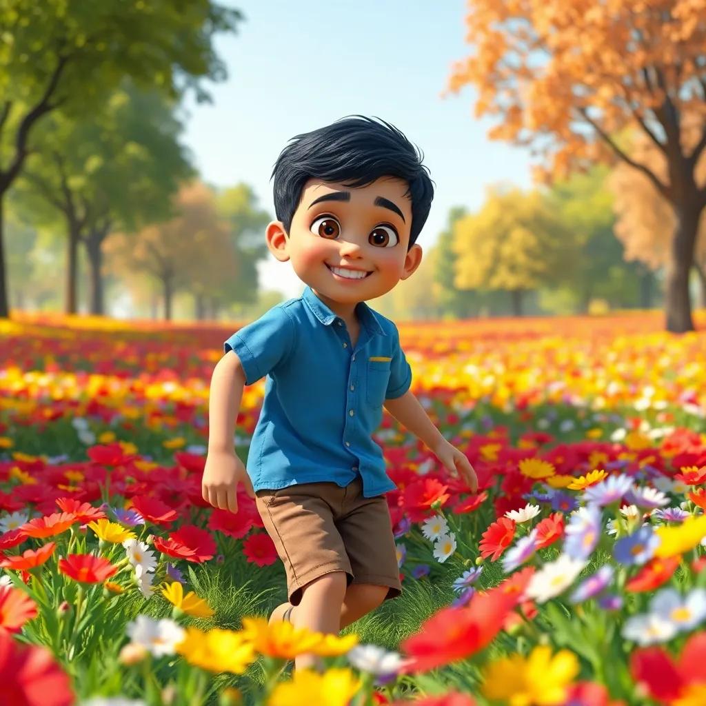 A young Arab boy, Ahmad, with short black hair wearing a blue shirt and brown shorts, playing in a colorful flower field surrounded by trees, bright sunlight, warm colors, cheerful atmosphere, high quality