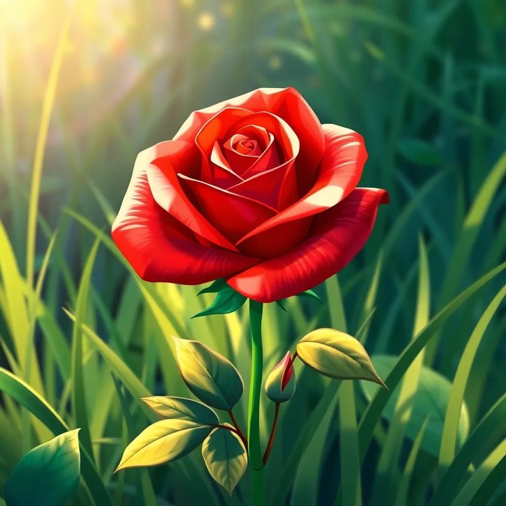 A beautiful red rose blooming among green grass, detailed illustration, vibrant colors, focusing on the rose, inviting, nature-themed, high quality