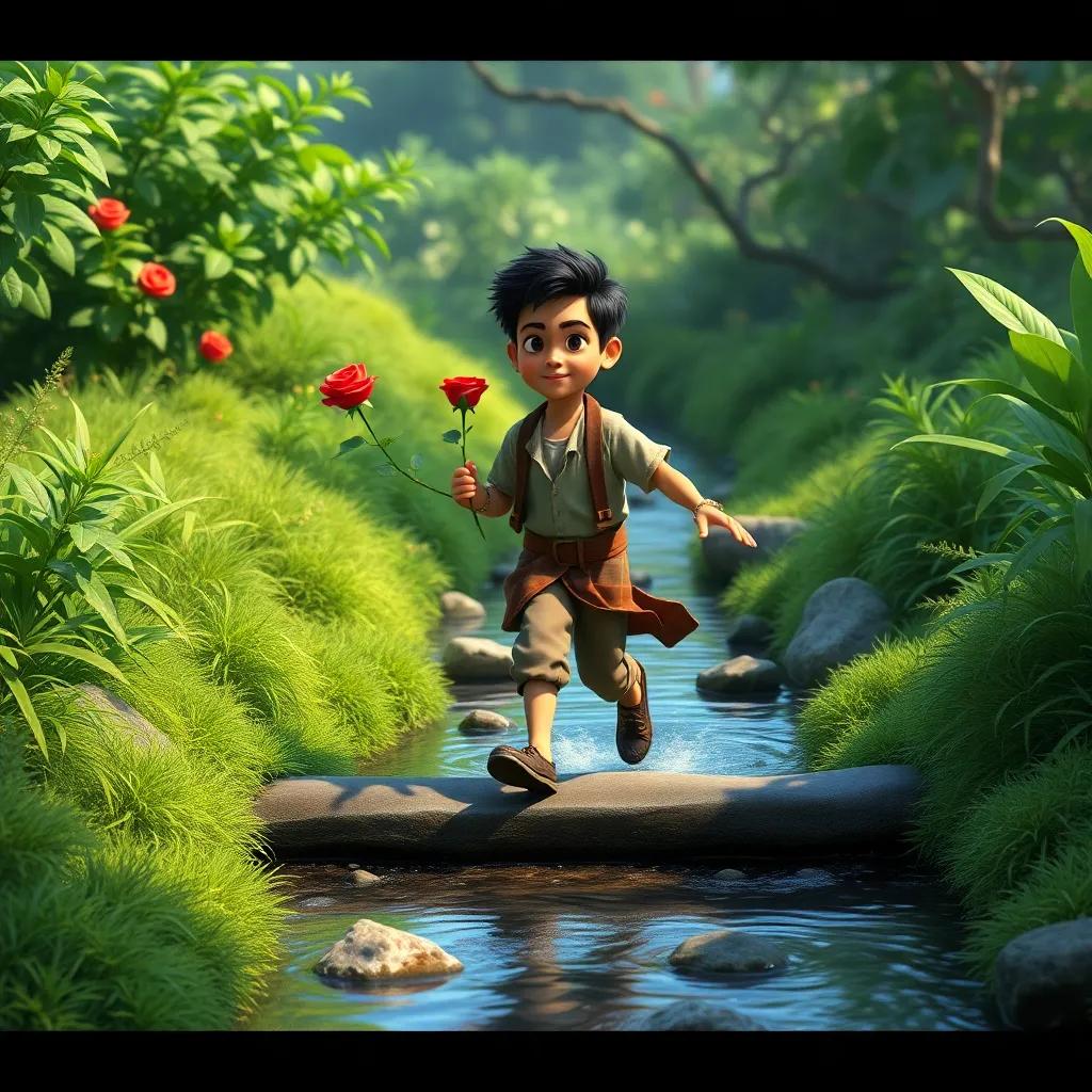 Ahmad crossing a narrow stream carefully, with a red rose in his hand, showing determination, lush greenery around him, realistic and vibrant environment, high quality