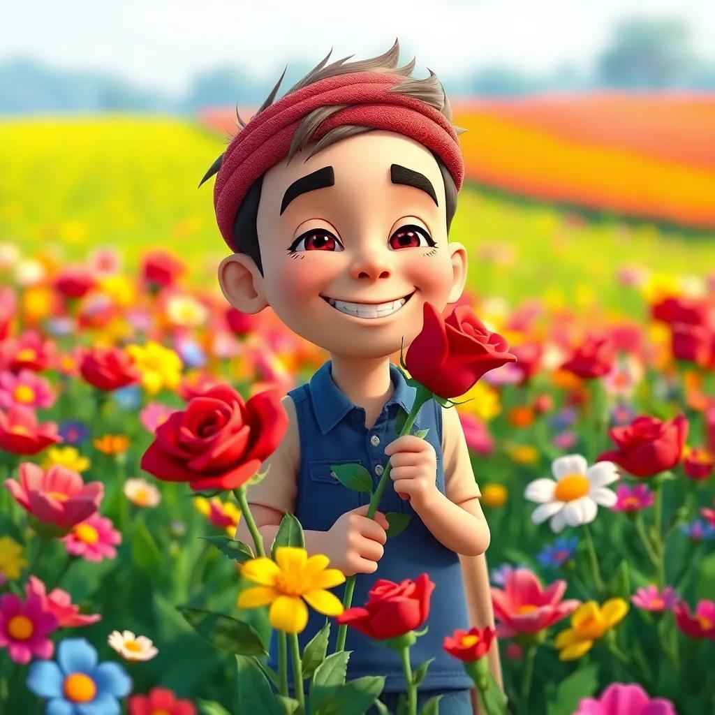 Ahmad avoiding thorns while smiling, holding the red rose tightly, surrounded by colorful flowers in the field, bright colors, cheerful and playful, high quality