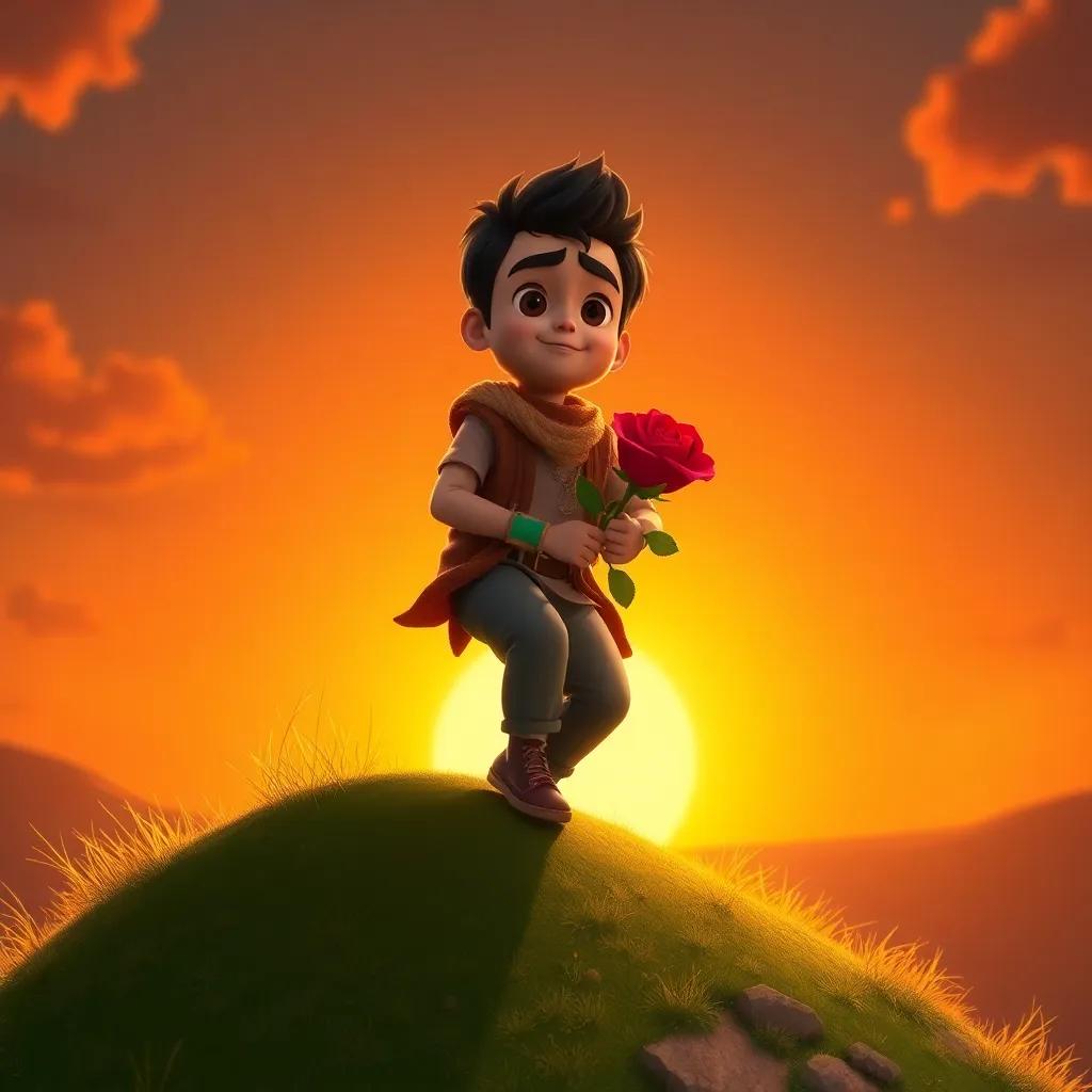 Ahmad climbing a small hill with a determined expression, sunset glow in the background, holding the red rose tightly, warm light, inspiring atmosphere, high quality