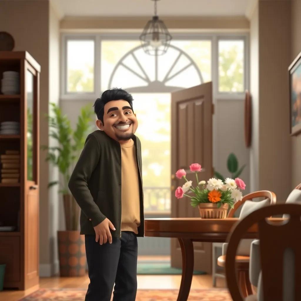 A warm and inviting home setting, Ahmad entering with a big smile, bright interior with flowers on the table, high quality